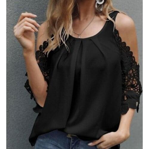 Women Summer Sexy Cold Shoulder T-Shirt Hollow Out Crochet Floral Half Sleeves Blouse Crew Neck Solid Color Loose Tops