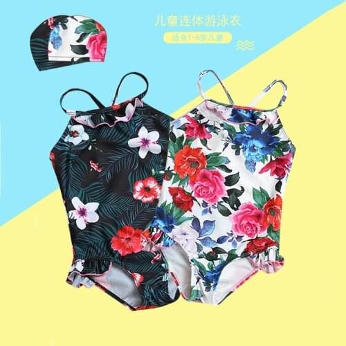 2-8Y Girl Swimsuit Kids Floral Teenager Bikini Ruffle Quick Dry Beachwear Bathing Suit One Piece Children Swimwear with Swim Cap