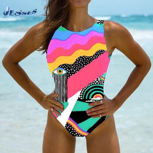 Abstract Printed Lady Swimsuit Summer Beach Bikinis 2021 Sexy One-Piece Swimwear Sleeveless Tight Female Biquini Bath Beachwears