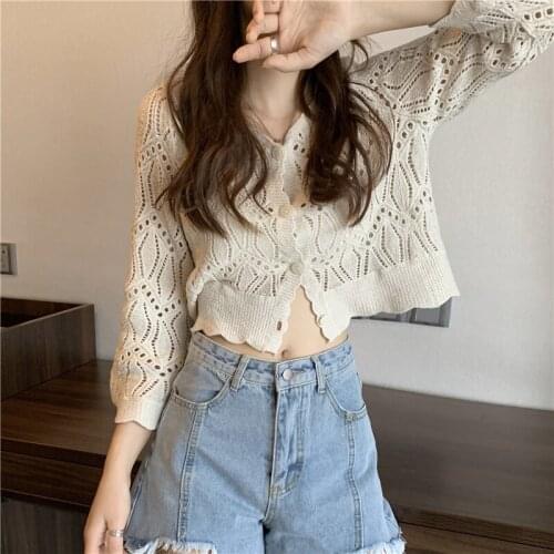 Womens Knitting Cardigan Hollow Pure Color V-neck Long Sleeves Thin Loose Wholesale Top Hollow New Fashion Charm Lady Clothing