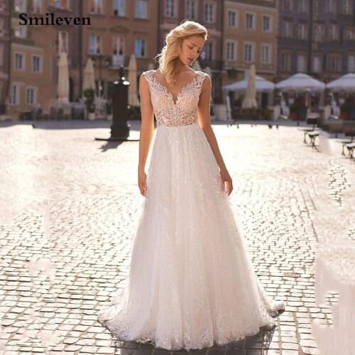 Smileven Full Lace Princess Wedding Dress A Line Sleeveless Bride Dress For Women Floor Length Boho Wedding Gown Plus Size