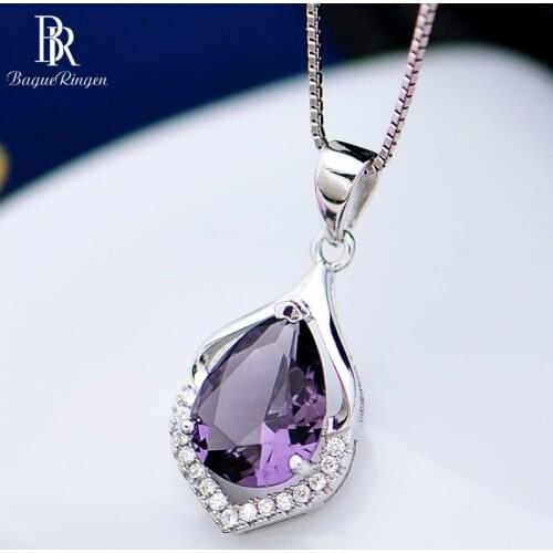 Bague Ringen Elegant Water Drop Shaped Pendant Amethyst Necklace for Women Temperament Gemstone Silver 925 Jewelry Weddings Gift