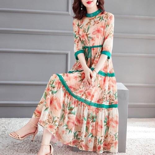 Women Floral Print Chiffon Elegant ADress O-Neck Half Sleeve Bohimian Long Dress Two-pcs 2021Spring Summer Women New Fashion