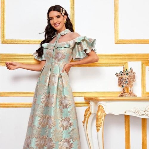 2021 Sexy Hollow Out Jacquard Long Dress Off Shoulder Short Sleeve Dress Evening Clothing Party Night Long Dresses Ball Gown