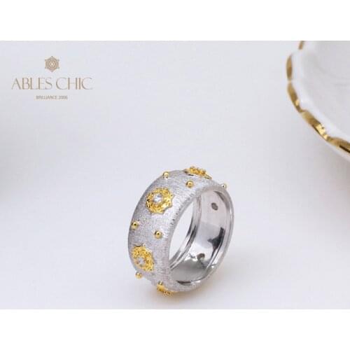 18K Gold Tone CZ Stars Renaissance Bridal Rings Solid 925 Silver Zircons Silky Floral Wide Wedding Band Premium Fine Jewelry