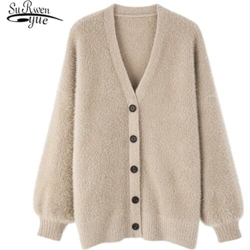 2021 Winter Apricot Slim Mid-Length Loose Sweater Women Fashion V-neck Faux Mink Fleece Knitted Coat Women Sweaters 11650