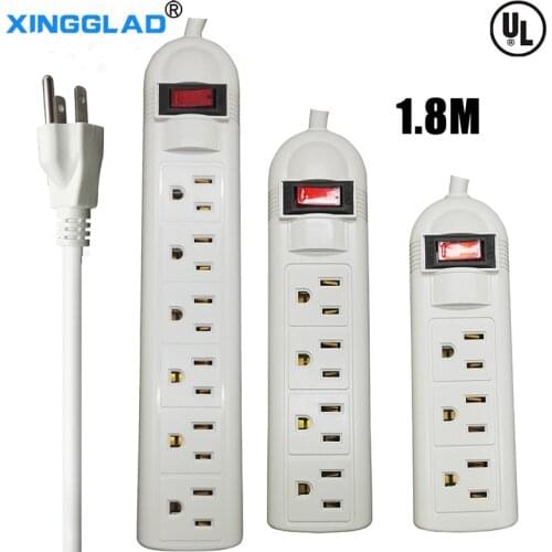US American Plug 13A AC Electrical Power Strip Switch 3/4/5/6 Outlets Extension Socket Cord Surge Protector UL Certification