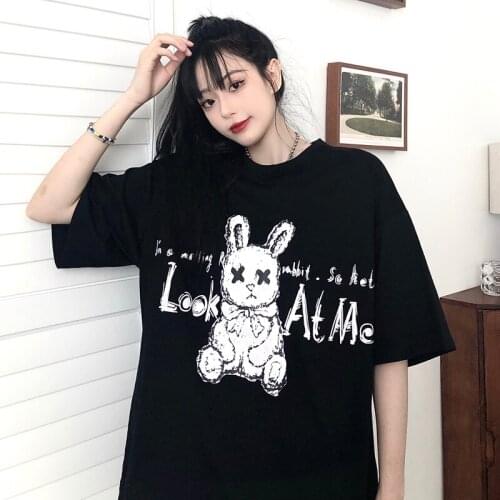 Harajuku Cartoon Dark Rabbit Print Cotton Black Loose T-Shirts Women Short Sleeve Tops Hip Hop Streetwear Vintage Korean Clothes