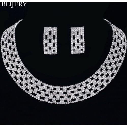 BLIJERY Luxury Crystal Bridal Jewelry Sets Silver Color Statement Choker Necklace Earrings Women Wedding Engagement Jewelry Sets
