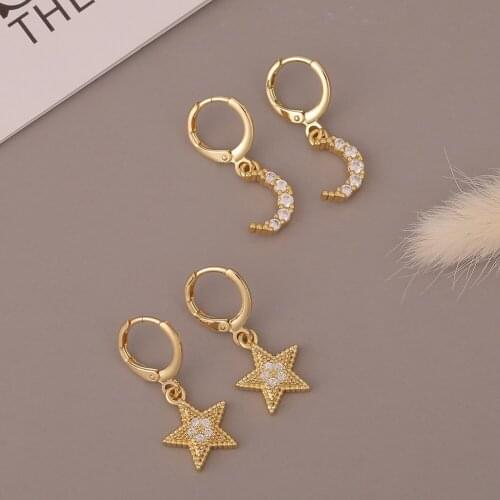 Korean Dainty Star Moon Dangle Earrings Classic Geometric Hoop Ear Rings For Best Friend Fashion Birthday Jewelry Gifts