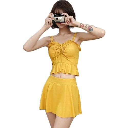 Swimwear Bubble Hot Spring Swimsuit Womens Split New Style Slimming Belly Covering Small Bust Gathering Skirt Three-piece Set