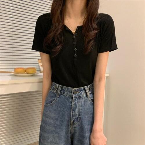 T Shirt Womens Summer New Button Solid Simple Casic Short Tops Female V Neck Slim Thin Short Sleeve Korean Tees T-Shirts Femme