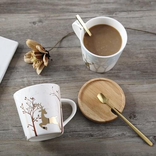 Nordic Coffee Mug Set Office Use Drink Cups Western Beverage Mug Deer Stoup Milk Cup With The Lid Ceramic Christmas Gift Set