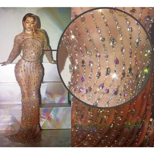New black khaki Transparent Rhinestones Long Sleeves mesh Birthday da dj women Celebrate Outfit Women party Dress