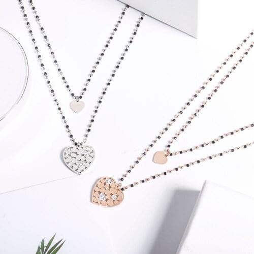 Stainless Steel Heart Statement Necklace 2 Layers Crystal Beads Chain Bohemia Jewelry Pendant Necklaces for Women Accessory 2021