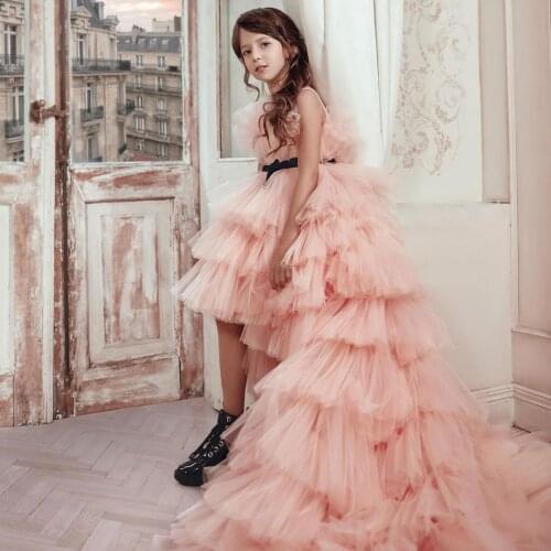 Pink High Low Flower Girl Dresses Tiered Skirts Luxury Girls Birthday Party Dress Prom Wear First Communion Gowns