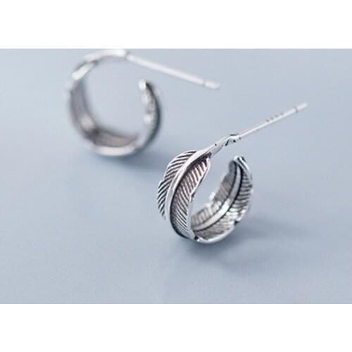 100% 925 Sterling Silver Vintage Design Feather Stud Earrings For Women Party Boucles d'oreilles Wedding Jewelry Girl Gifts