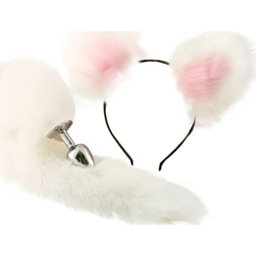 Cute Soft Cat Ears Headbands With 40cm Fox Tail Bow Metal Butt Anal Plug Erotic Cosplay Accessories Adualt Sex Toys For Couples