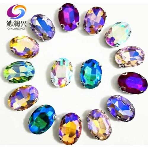 Super beauty AB color oval shape Glass Crystal sew on D shape Anti hook claw rhinestones,Diy/Clothing accessories 20pcs