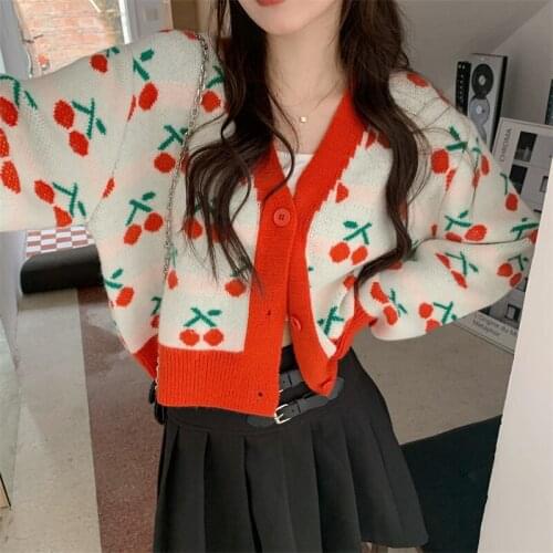 Cherry Knited Sweater Cardigans Women Korean Loose Knitwear Single Breasted Jumpers Jacquard Red Outwear Knitwear M092