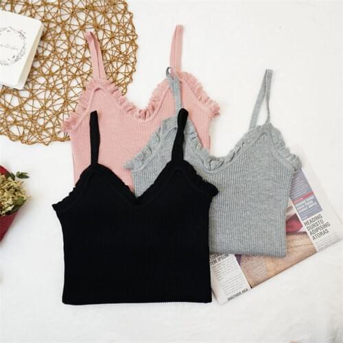 Gowyimmes Big Size Vintage Women Knitted Vests Sexy Sling Vest Crop Tops Short Paragraph Lady Camis Tank Brief Bottomings PD391