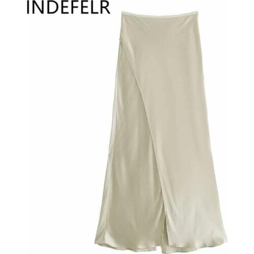 TRAF women 2021 fashion summer new solid high waist split Satin MIDI skirt wrap hip skirt 4661201