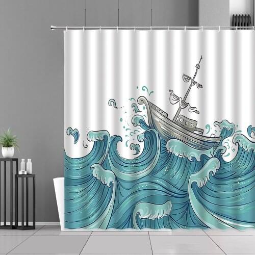 Sea Wave Pattern Shower Curtain Sunny Beach Scenery Waterproof Bath Curtains Starfish Shell Bathroom Decor Screen With Hooks Set