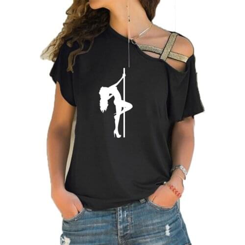 Women Pole Dancing Girl graphic t shirt Short Sleeve female fashion new girl tshirt Irregular Skew Cross Bandage tee tops