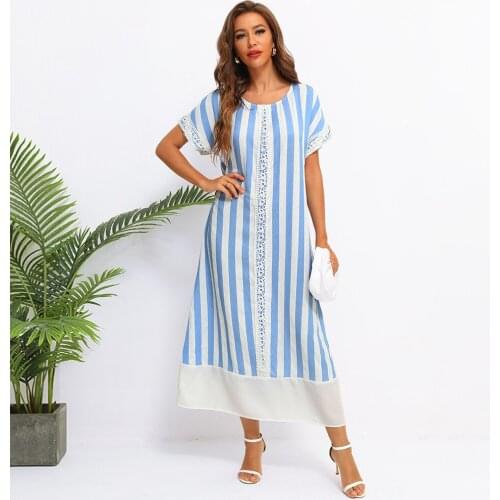 Fridayin Womens Bohemian Printed Stripe Casual Maxi Dress Ladies Elegant Short Sleeve Loose Beach Vestidos