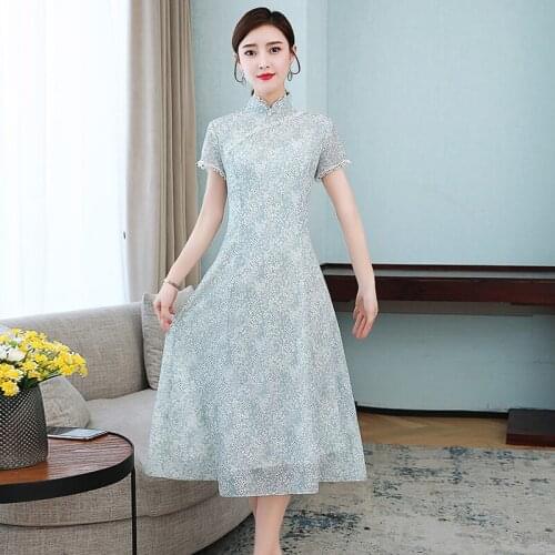 2020 New Summer Women Dress Elegant Slim Chiffon Floral Dress High Quality Vintage Chinese Style Improved Cheongsam Dress