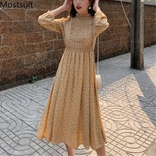 Floral Printed Chiffon Women Long Dress 2021 Spring Full Sleeve Stand Collar Korean Elegant Dresses Vintage Ladies Vestidos