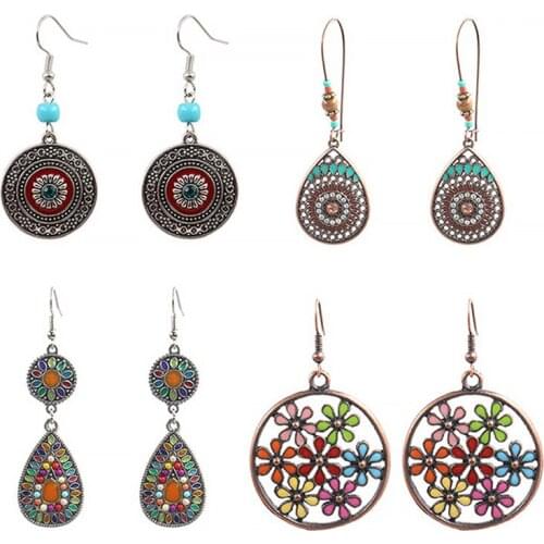 4pairs/set Womens Earrings Set Vintage Crystal Earrings For Women Bohemian Fashion Jewelry Geometric Flower Round Drop Earrings