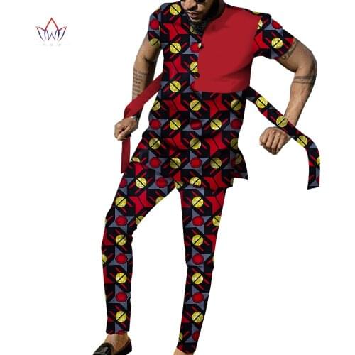 Bazin Riche Men 2 Pieces Pants Sets African Design Clothing African Men Clothes Casual Men Top Shirts and Pants Sets WYN1058