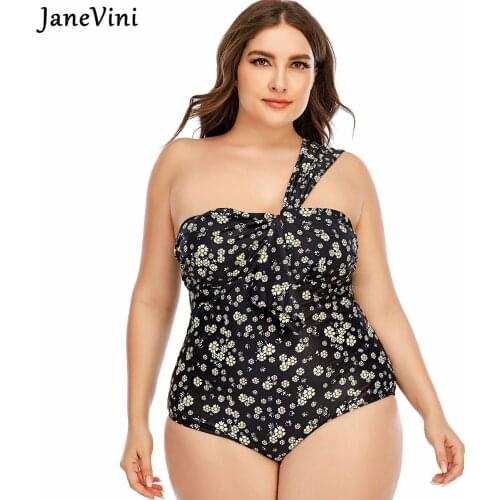 JaneVini Black Floral Plus Size Swimwear Bikini for Fat Ladies One Shoulder One Piece Women Swimsuits Bikini Brazilian Thong