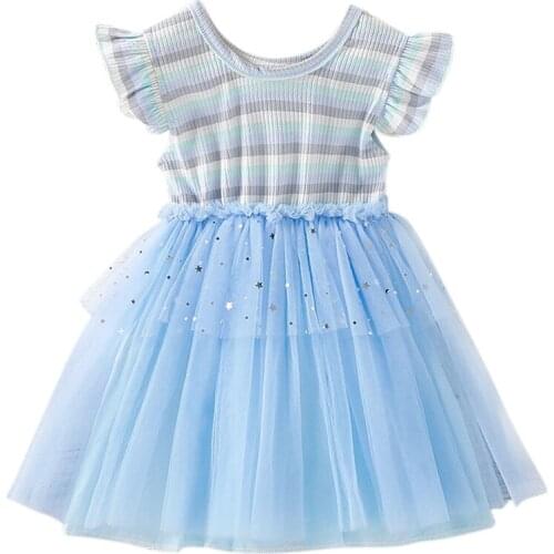 2021 Summer Girls Short-sleeved Printed Dress Striped Princess Dress Baby Mesh Skirt Baby Princess Dress
