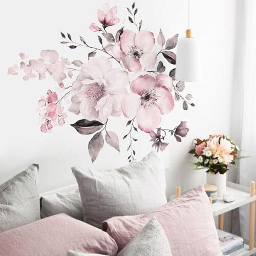Pink Water Color Flower Cluster Plants Wall Decor Furniture Stickers For Bedroom Living Room Romantic Home Decoration Mural Art