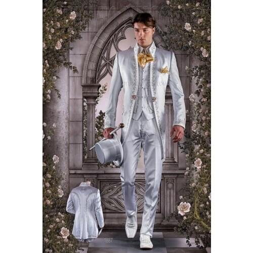 Latest Coat Pant Designs Ivory White Satin Italian Men Suit Embroidery Long Prom Tuxedo Gentle Blazer Custom 3 Piece Terno Sos