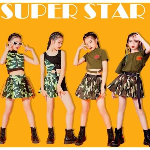 Girls Jazz Dance Clothes Camouflage Tops Skirt Hip Hop Dance Outfit Kids Catwalk Cheerleader Performance Stage Costume DNV15042