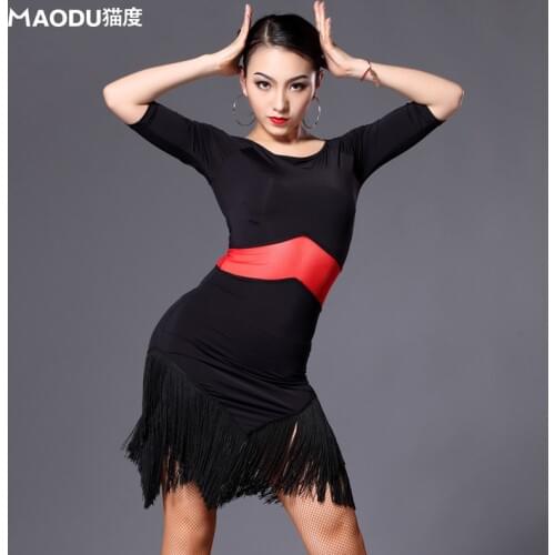 Latin dance clothes sexy ice skirt long sleeves latin dance dress women winter clothes latin stage wear tassel dress