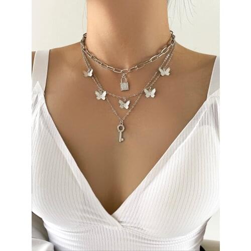 Stillgirl 3Layer Punk Silver Color Butterfly Pendant Necklace for Women Kpop Key to My Heart Lock Y2k EMO Couple Fashion Jewelry
