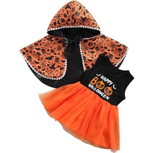 2021-07-14 Lioraitiin 1-5Years Toddler Baby Girl 2Pcs Halloween Clothing Sleeveless Pumpkin Printed Dress Hooded Coat Outfit