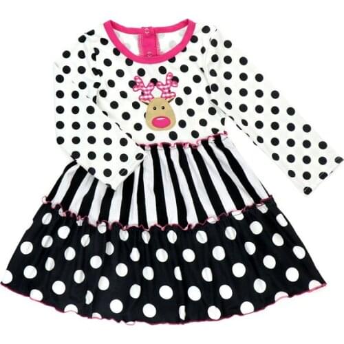 Embroidery Elk Girls Dresses Black Dot Stripes Fairy Tale Spring Autumn Dress Polyester Skirt Clothes Fashion Gifts For Children