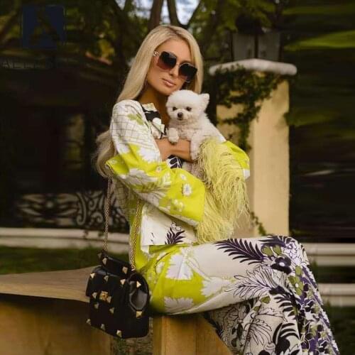 AELESEEN Runway Fashion 2 Pieces Sets V-Neck Flare Sleeve With Feather Blouse+ Full-Lenght Pants Waist Elastic Flower Print Set