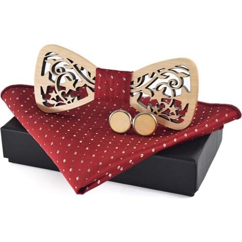 Dropshipping star engraved wedding decoration maple wooden bow tie cufflink set with red kerchief and case