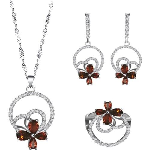 ROLILASON Lucky Note Square red Zircon Crystal Silver Color Jewelry For Women Earrings Ring Necklace Set JS856