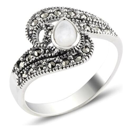 Silver 925 Sterling Pearl & Marcasite Ring