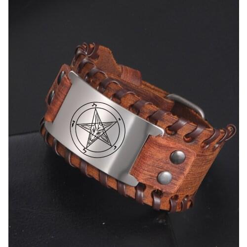 LIKGREAT Satanic Amulet Wide Leather Bracelet Mens Gift Symbol of Evil Stand-in for Satan Vintage Stainless Steel Charm Jewelry