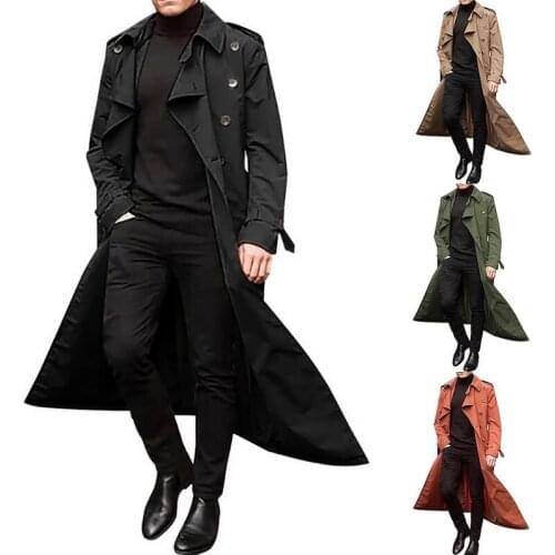 2021 New Business Men Trench Coat Fashion Design Slim Double breast Thin Windbreaker Male Spring Long Black Coat Outwear Autumn
