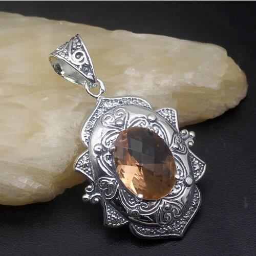 Amazing Oval Shape HoneyTopaz Silver Color Pendant Necklace Charm Gifts 50mm HD149