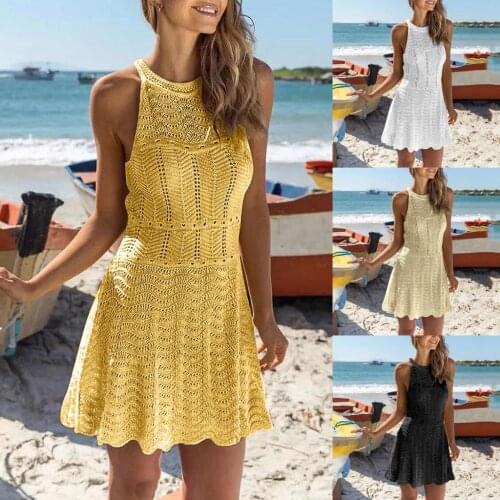 40# Beach Dress Women Swimsuit Cover Up Solid Embroidered Lace Crochet Bikini Beach Loose Swimwear Overall Mini Dress Sundress